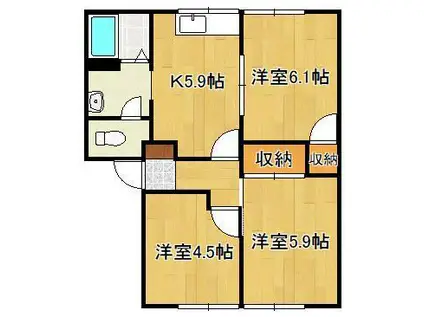 アーバン十字路A棟(3K/1階)の間取り写真