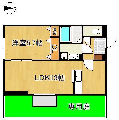 DーROOM本城東 A棟(1LDK/1階)の間取り写真
