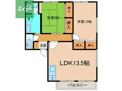 ハイカムールはたぐちB(2LDK/2階)の間取り写真