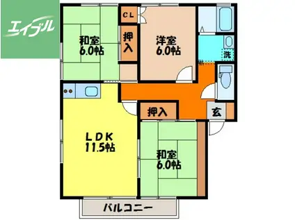 ハイカムールはたぐちB(3LDK/1階)の間取り写真