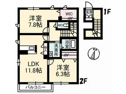 シャイン(2LDK/2階)の間取り写真