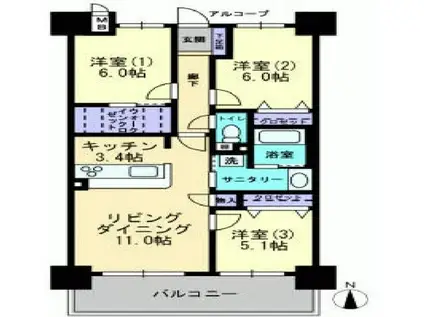 アルファスマート西川緑道公園(3LDK/8階)の間取り写真