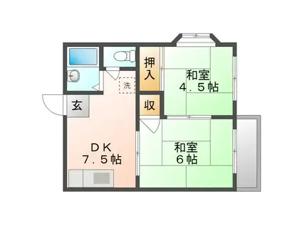 山陽本線 庭瀬駅 徒歩17分 2階建 築39年(2DK/2階)の間取り写真