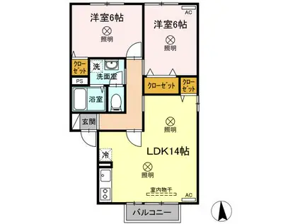 スゥイートガーデン国富 西棟(2LDK/2階)の間取り写真