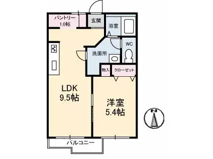 サンディスク米山B棟(1LDK/2階)の間取り写真