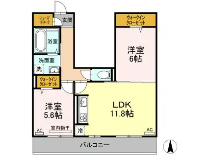 ルピナス高屋(2LDK/2階)の間取り写真