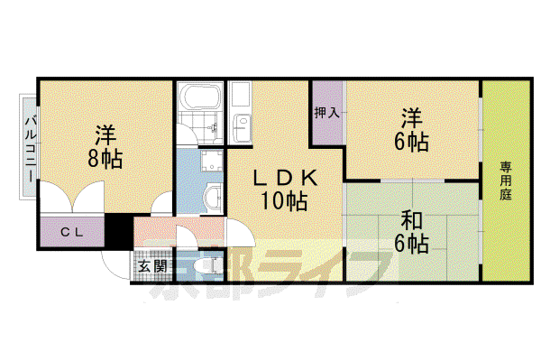 山陰本線 太秦駅(ＪＲ) 徒歩5分 4階建 築42年(3LDK/1階)の間取り写真