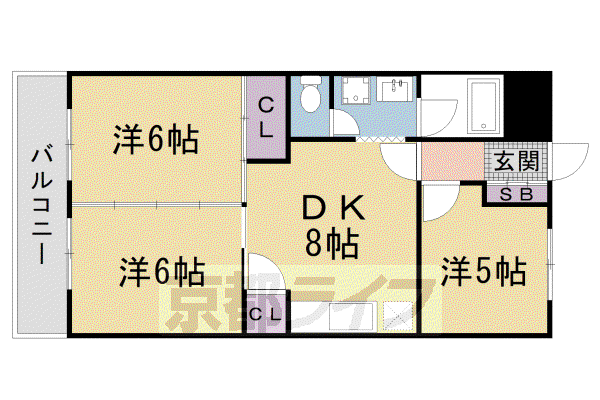 阪急電鉄京都線 西京極駅 徒歩6分 10階建 築46年(3LDK/2階)の間取り写真