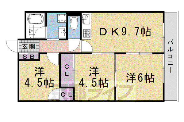 阪急電鉄京都線 西京極駅 徒歩6分 10階建 築46年(3LDK/7階)の間取り写真