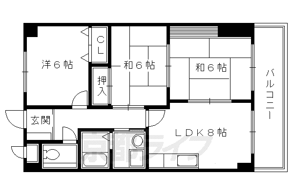 阪急電鉄嵐山線 松尾大社駅 徒歩13分 7階建 築33年(3LDK/3階)の間取り写真