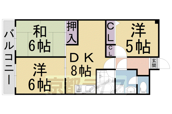 阪急電鉄京都線 西京極駅 徒歩9分 7階建 築43年(3DK/6階)の間取り写真