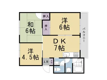 山陰本線 太秦駅(ＪＲ) 徒歩3分 3階建 築46年(3DK/3階)の間取り写真