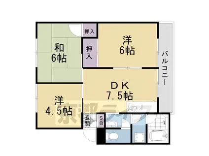 山陰本線 太秦駅(ＪＲ) 徒歩3分 3階建 築46年(3DK/1階)の間取り写真