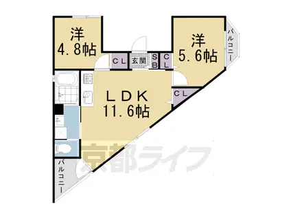京都市烏丸線 北大路駅 徒歩9分 3階建 築4年(2LDK/2階)の間取り写真