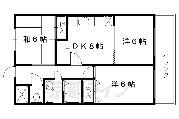 京都市東西線 太秦天神川駅 徒歩20分 7階建 築37年(3LDK/2階)の間取り写真
