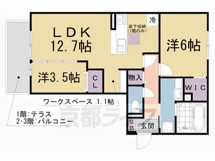 京都市東西線 御陵駅 徒歩16分 3階建 築3年(2LDK/3階)の間取り写真