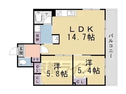 京都市東西線 椥辻駅 徒歩7分 5階建 築1年(2LDK/2階)の間取り写真