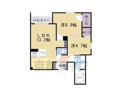 京都市東西線 西大路御池駅 徒歩4分 4階建 築3年(2LDK/2階)の間取り写真