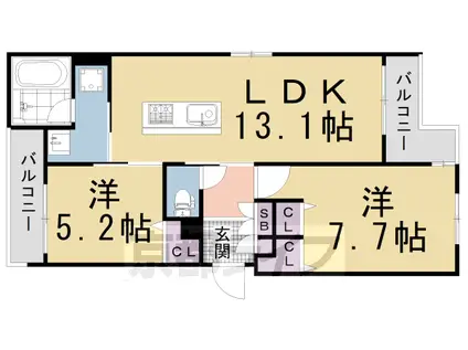 近鉄京都線 上鳥羽口駅 徒歩5分 3階建 築3年(2LDK/3階)の間取り写真