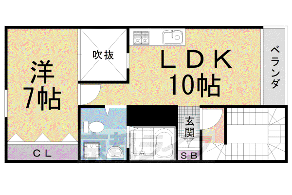 山陰本線 丹波口駅 徒歩3分 3階建 築38年(1LDK/2階)の間取り写真