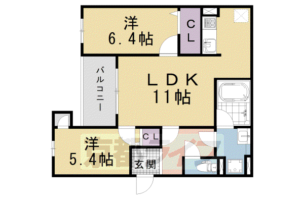 東海道本線 西大路駅 徒歩23分 3階建 築3年(2LDK/3階)の間取り写真