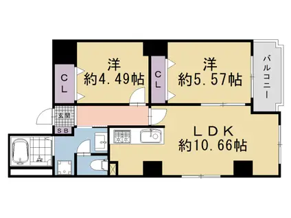 京都市烏丸線 五条駅(京都市営) 徒歩2分 10階建 築38年(2LDK/9階)の間取り写真