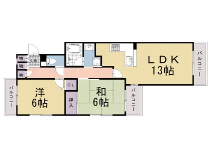 京都市烏丸線 四条駅(京都市営) 徒歩6分 10階建 築28年(2LDK/6階)の間取り写真