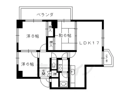 京都市東西線 京都市役所前駅 徒歩4分 9階建 築43年(3LDK/2階)の間取り写真