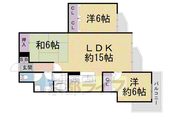京都市東西線 京都市役所前駅 徒歩4分 9階建 築44年(3LDK/6階)の間取り写真
