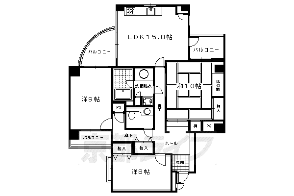 京都市烏丸線 烏丸御池駅 徒歩4分 6階建 築37年(3LDK/4階)の間取り写真