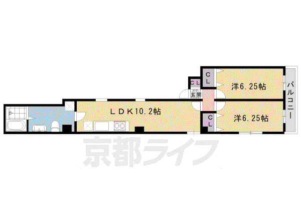 東海道本線 西大路駅 徒歩9分 3階建 築48年(2LDK/2階)の間取り写真