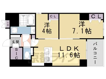 京都市烏丸線 今出川駅 徒歩11分 7階建 築3年(2LDK/2階)の間取り写真