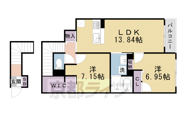 京都市東西線 太秦天神川駅 徒歩8分 2階建 築3年(2LDK/2階)の間取り写真
