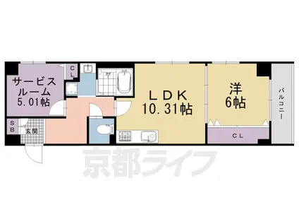 京都市烏丸線 烏丸御池駅 徒歩5分 5階建 築2年(1SLDK/4階)の間取り写真
