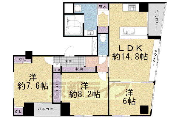 京都市東西線 二条城前駅 徒歩3分 9階建 築3年(3LDK/7階)の間取り写真
