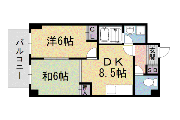 京都市烏丸線 五条駅(京都市営) 徒歩6分 8階建 築33年(2DK/5階)の間取り写真