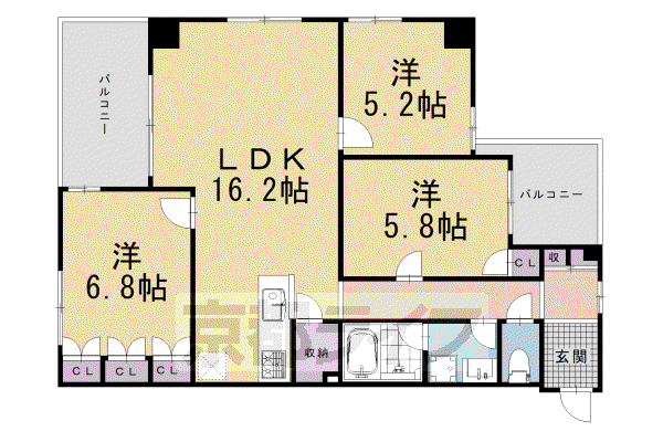 京都市烏丸線 丸太町駅(京都市営) 徒歩4分 4階建 築2年(3LDK/2階)の間取り写真