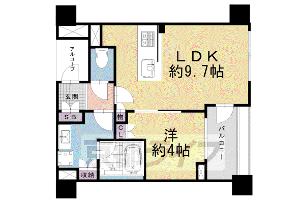 阪急電鉄京都線 烏丸駅 徒歩9分 5階建 築3年(1LDK/2階)の間取り写真
