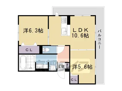 京福嵐山本線 鹿王院駅 徒歩3分 3階建 築2年(2LDK/2階)の間取り写真