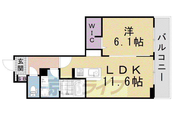 京都市烏丸線 くいな橋駅 徒歩5分 5階建 築3年(1LDK/1階)の間取り写真