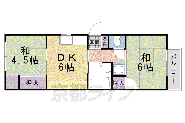 東海道本線 西大路駅 徒歩17分 3階建 築35年(2DK/2階)の間取り写真