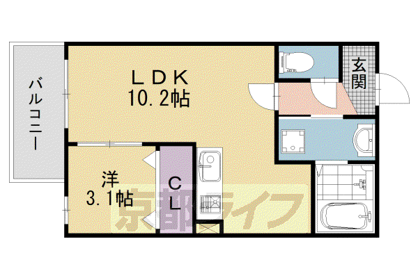 京都市東西線 石田駅(京都市営) 徒歩9分 3階建 築2年(1LDK/1階)の間取り写真