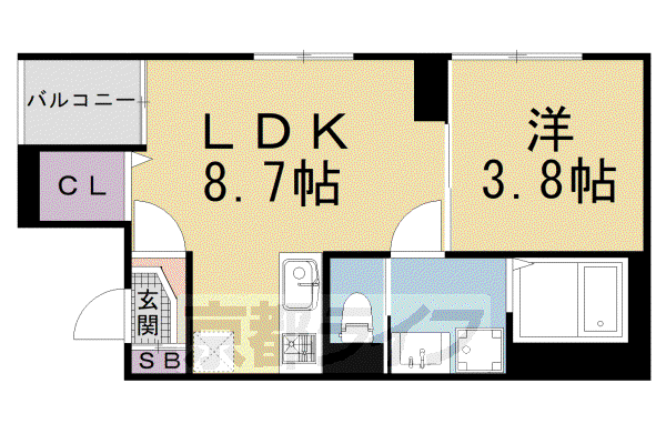 山陰本線 円町駅 徒歩7分 3階建 築4年(1LDK/2階)の間取り写真