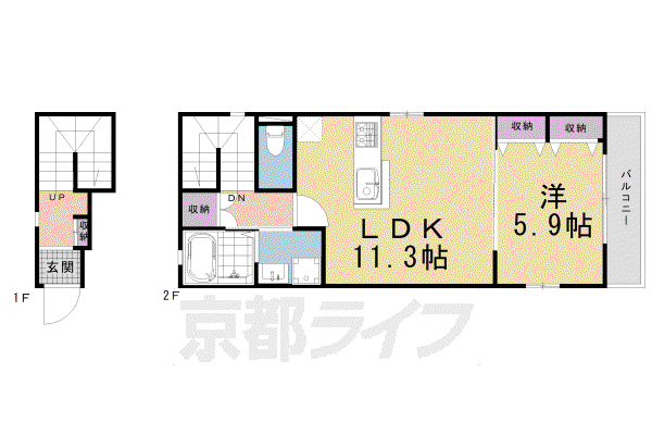 近鉄京都線 東寺駅 徒歩12分 2階建 築3年(1LDK/2階)の間取り写真