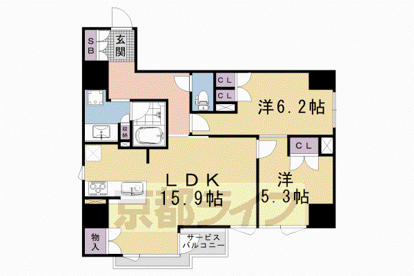 京都市烏丸線 五条駅(京都市営) 徒歩4分 11階建 築3年(2LDK/8階)の間取り写真