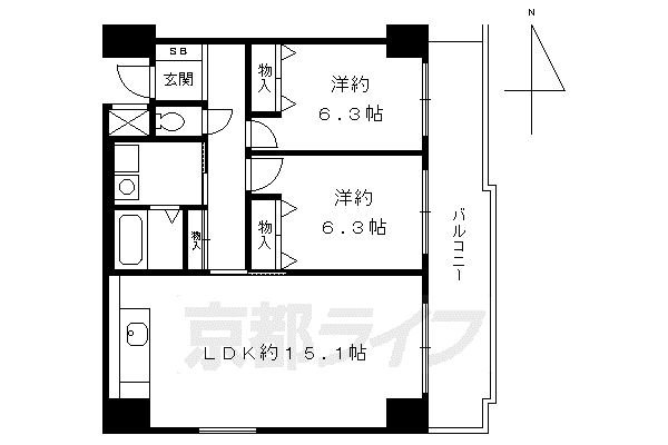 京都市東西線 京都市役所前駅 徒歩4分 8階建 築29年(2LDK/7階)の間取り写真
