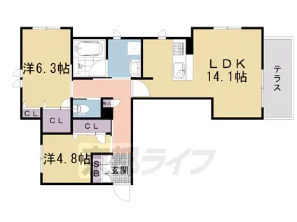 京福北野線 常盤駅(京都) 徒歩9分 2階建 築2年(2LDK/1階)の間取り写真