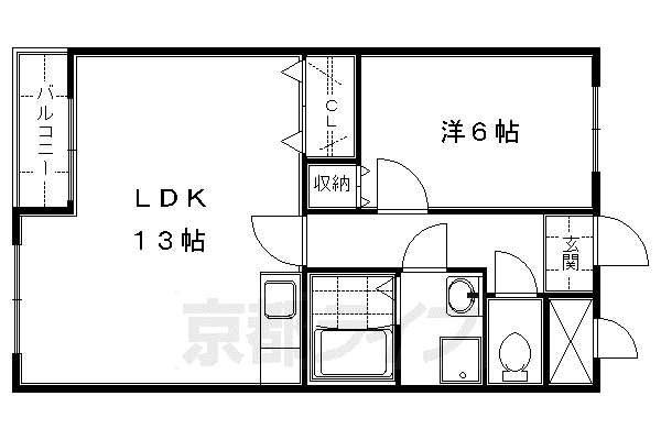 近鉄京都線 竹田駅(京都) 徒歩7分 5階建 築37年(1LDK/3階)の間取り写真