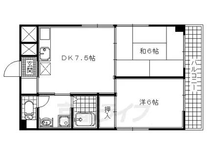 奈良線 長池駅 徒歩5分 3階建 築35年(2DK/3階)の間取り写真
