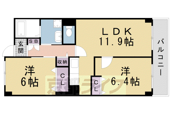近鉄京都線 伏見駅(京都) 徒歩14分 3階建 築26年(2LDK/1階)の間取り写真